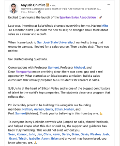 LinkedIn announcement of spartan sales club. 